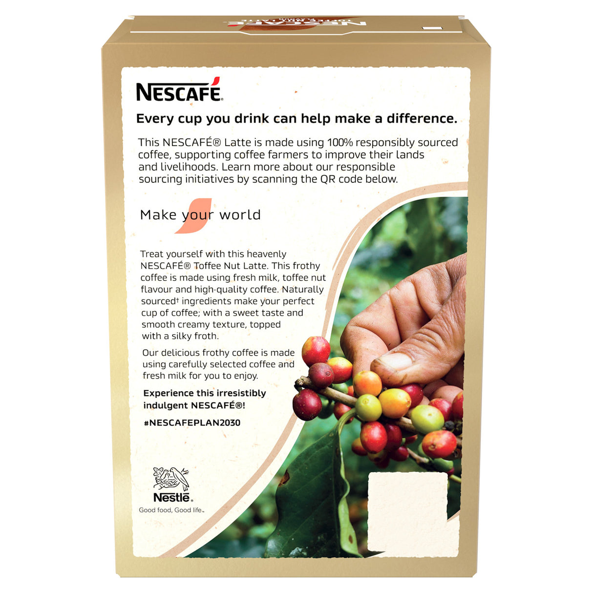 Nescafe coffee packaging with a focus on sustainability and coffee sourcing.