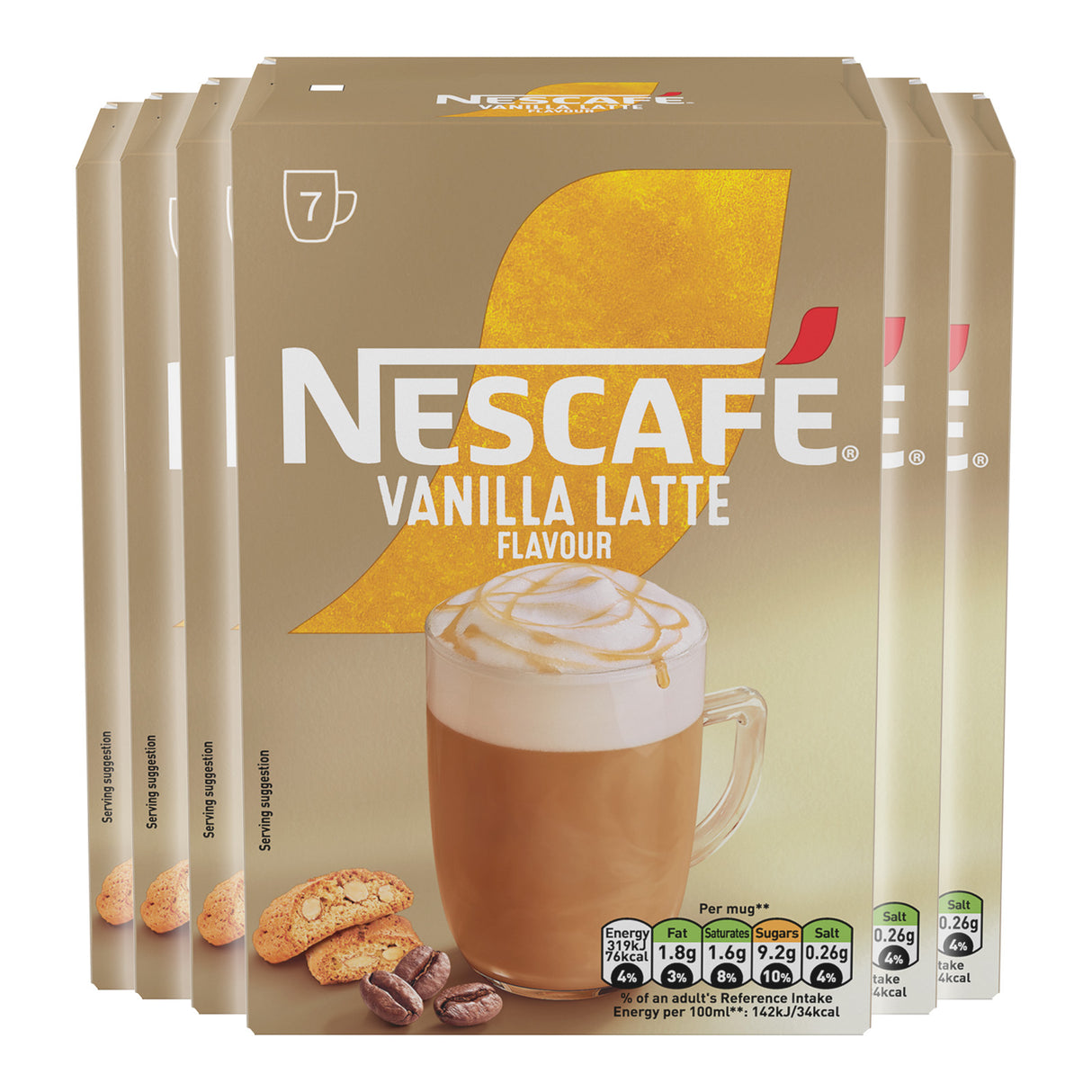 Pack of Nescafe Vanilla Latte Flavour coffee packaging on a white background