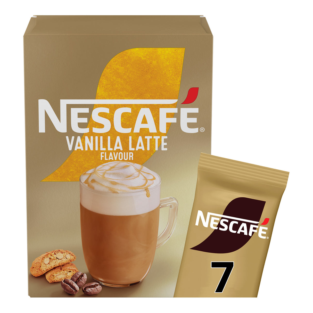 Nescafe Vanilla Latte flavor packaging with a cup of coffee, cookies, and beans on a beige background.