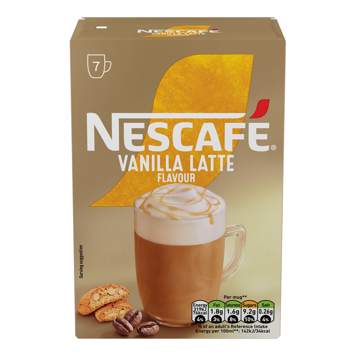 Nescafe Vanilla Latte flavor coffee packaging on a white background