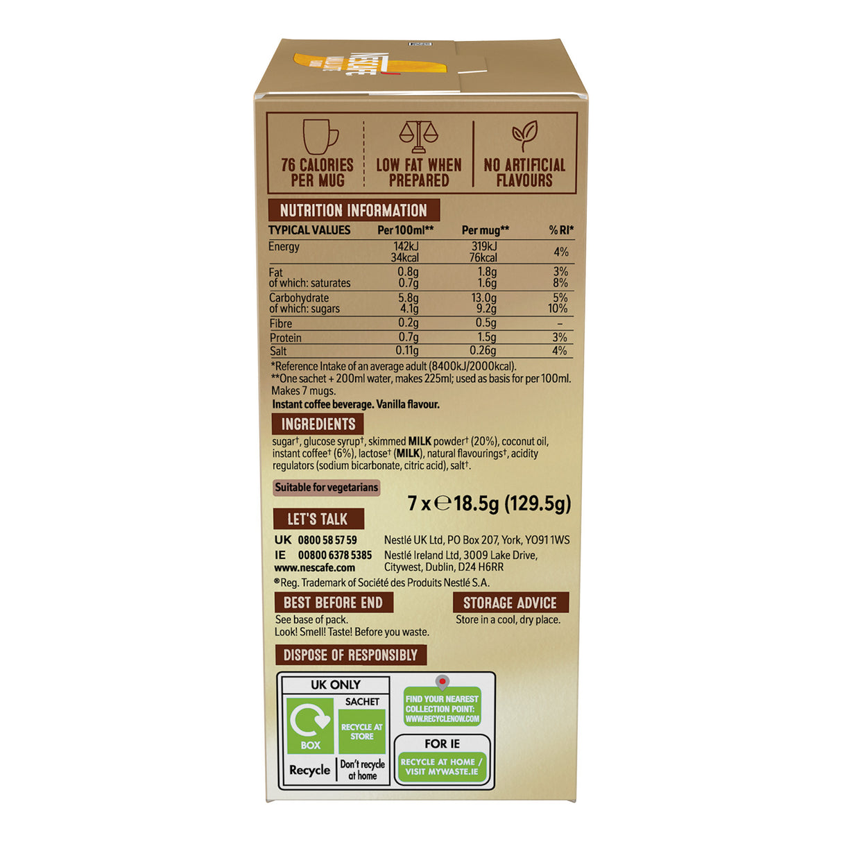 Box of instant coffee with nutritional information and ingredients listed on a white background