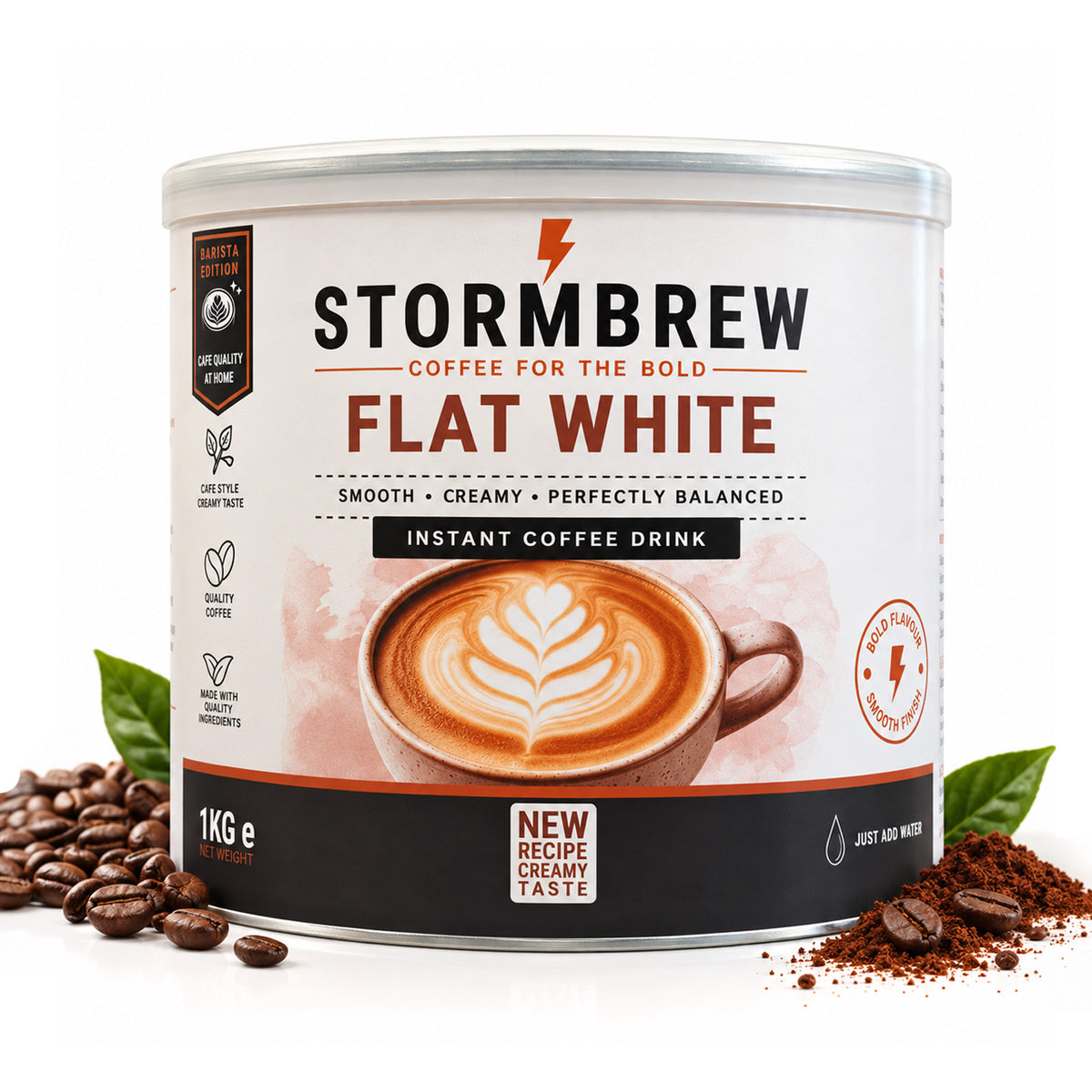 A 1kg canister of Stormbrew Flat White instant coffee drink, surrounded by scattered coffee beans and ground coffee on a white background.