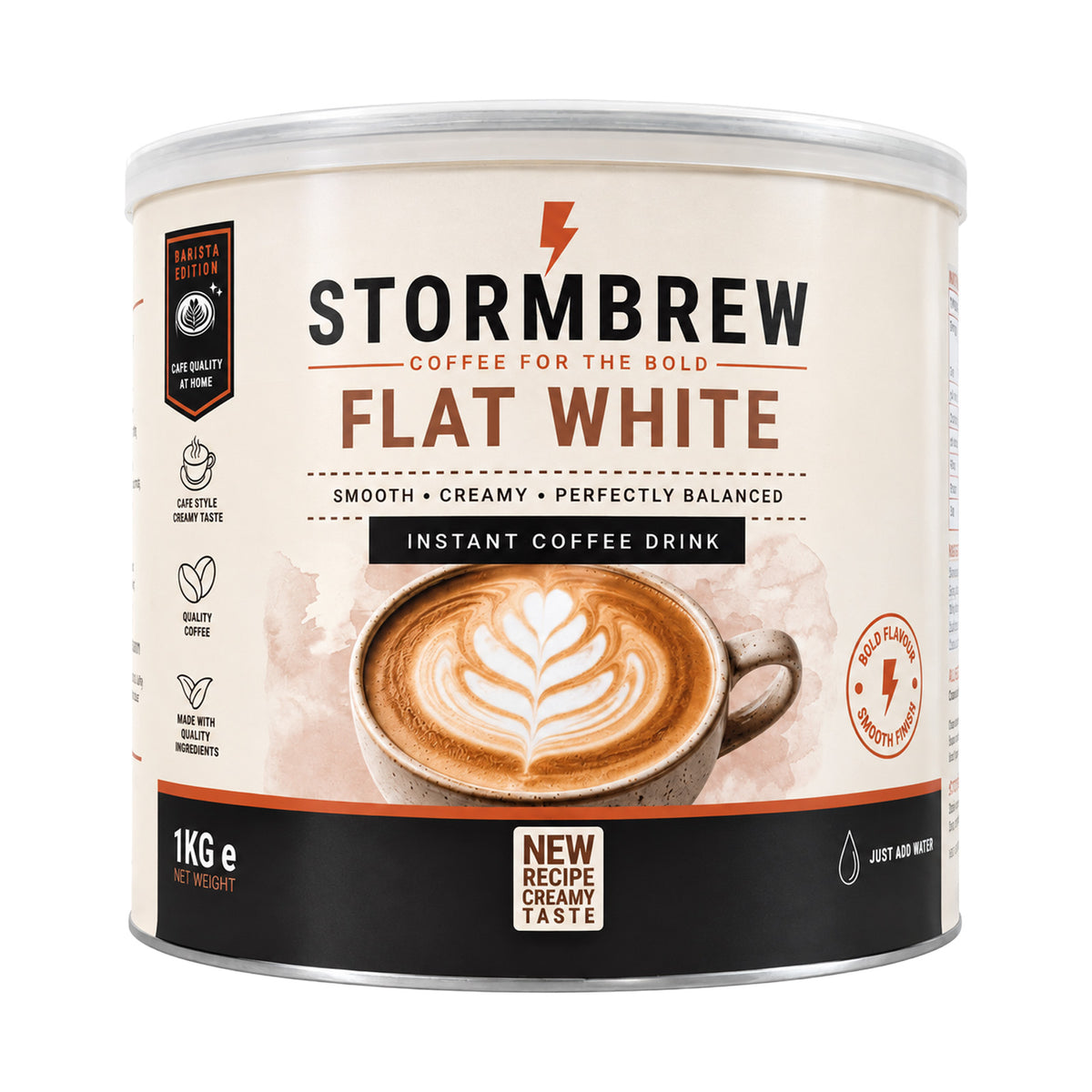 A 1kg canister of Stormbrew Flat White instant coffee drink, featuring a cream-colored label with a brown and black design, and an illustration of a latte with leaf art.