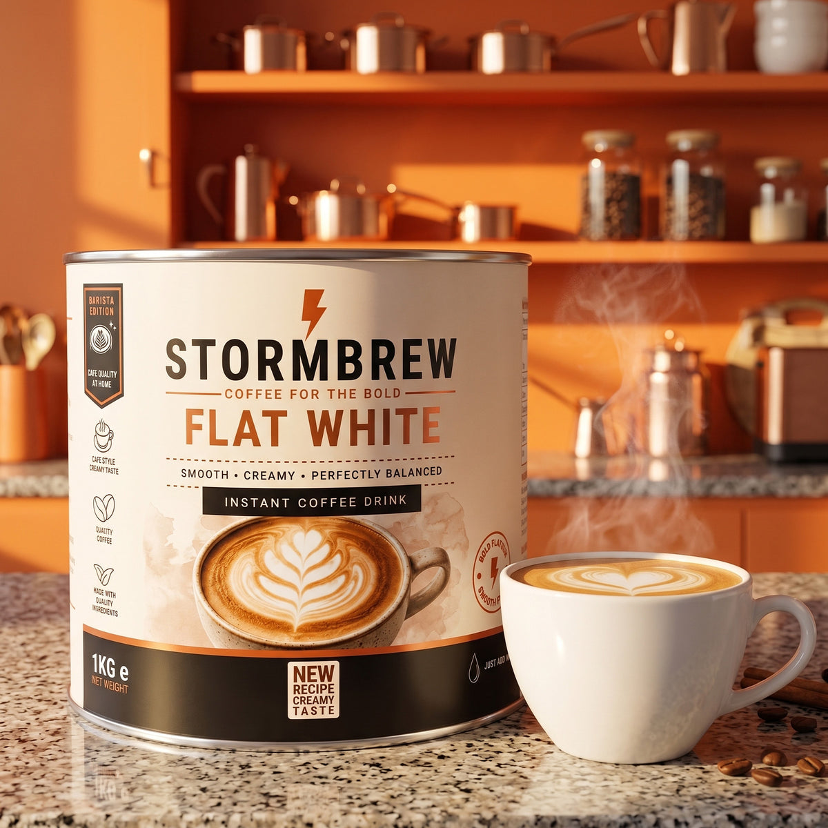 A canister of Stormbrew Flat White instant coffee drink stands on a granite countertop beside a white ceramic cup of latte art coffee, with a warm kitchen interior in the background.