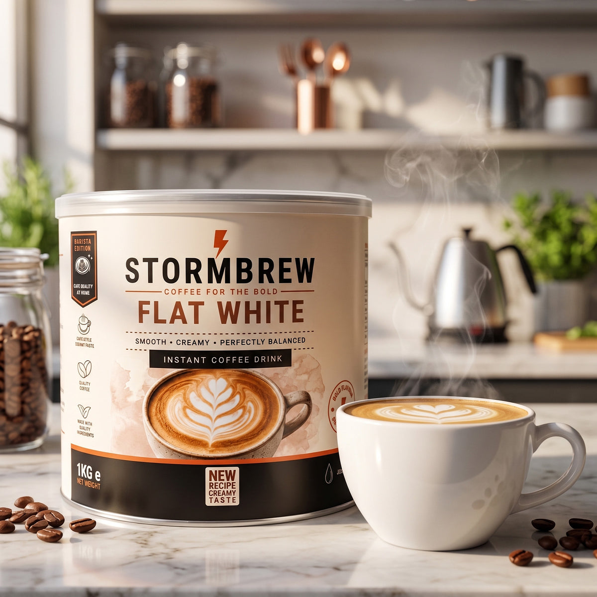 A canister of Stormbrew Flat White instant coffee drink stands on a marble countertop beside a white ceramic mug filled with latte art coffee, with coffee beans scattered around and a softly blurred kitchen background.