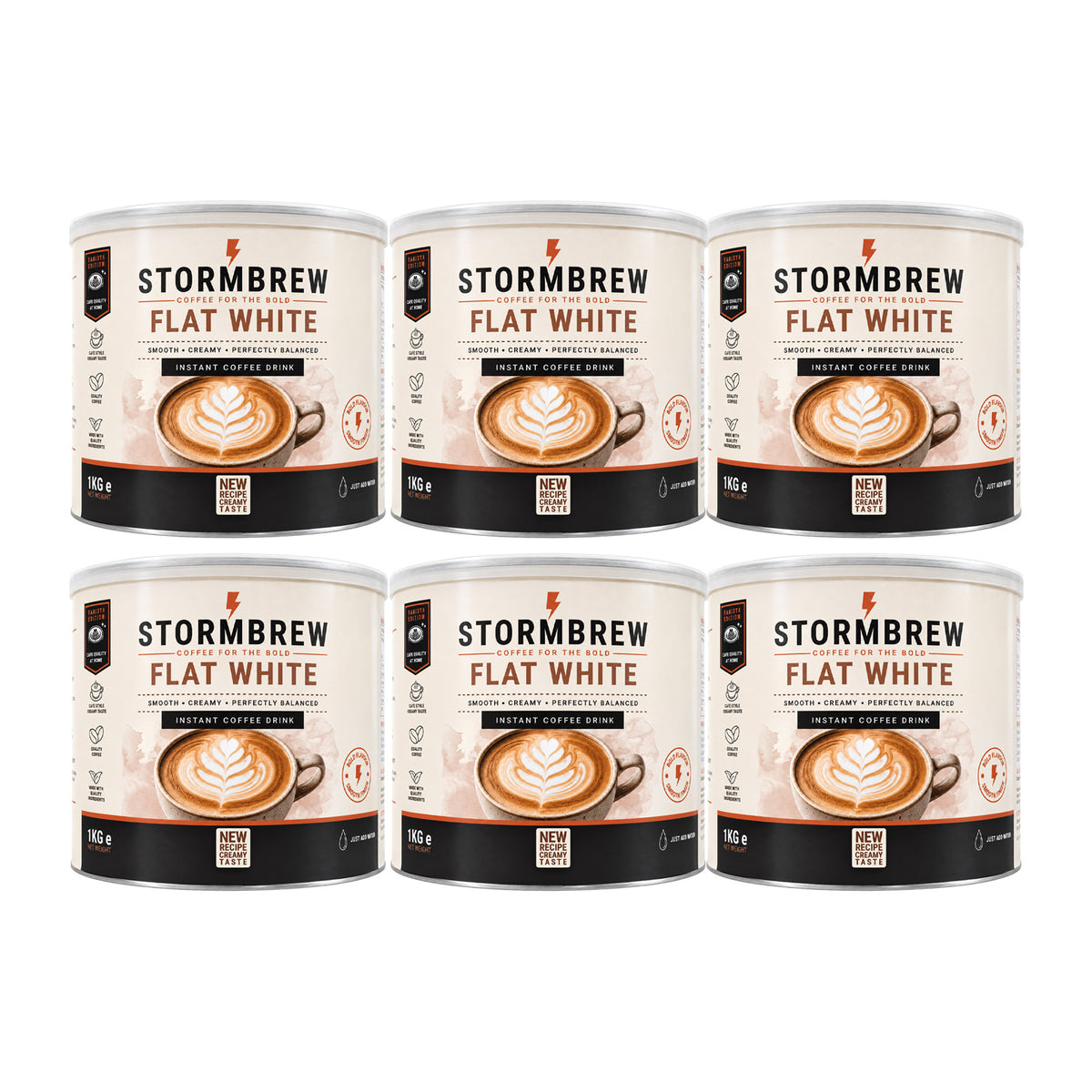 Six Stormbrew Flat White instant coffee bean cans arranged in a 2x3 grid on a plain white background.