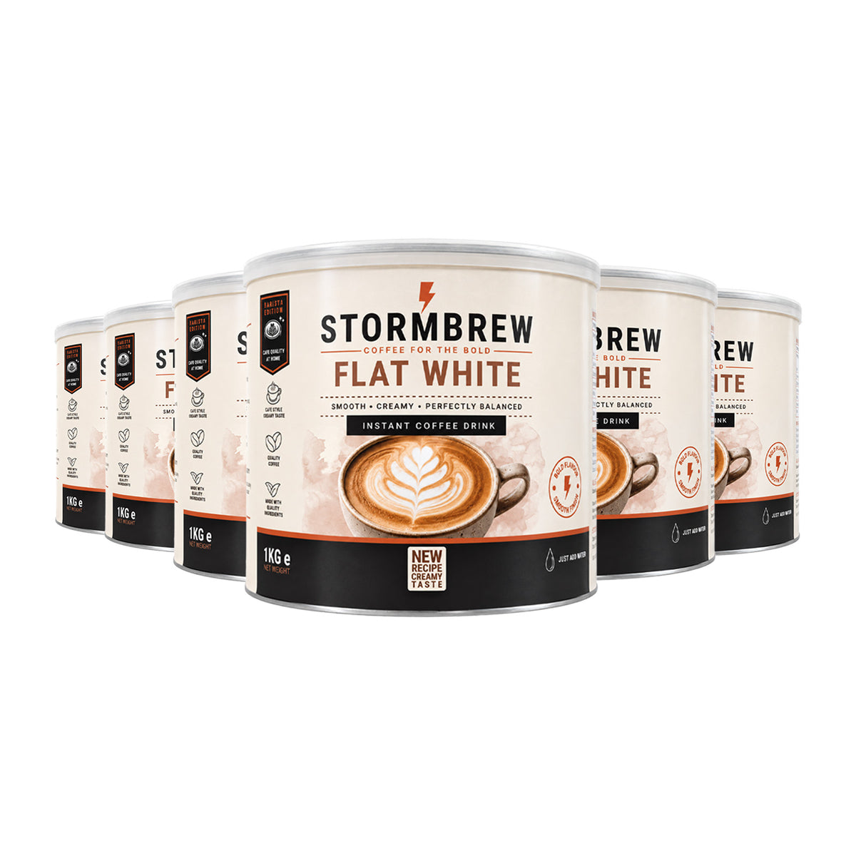 Six cans of Stormbrew Flat White coffee syrup arranged in a staggered row on a white background, with the center can fully visible and the cans fading slightly behind due to perspective.