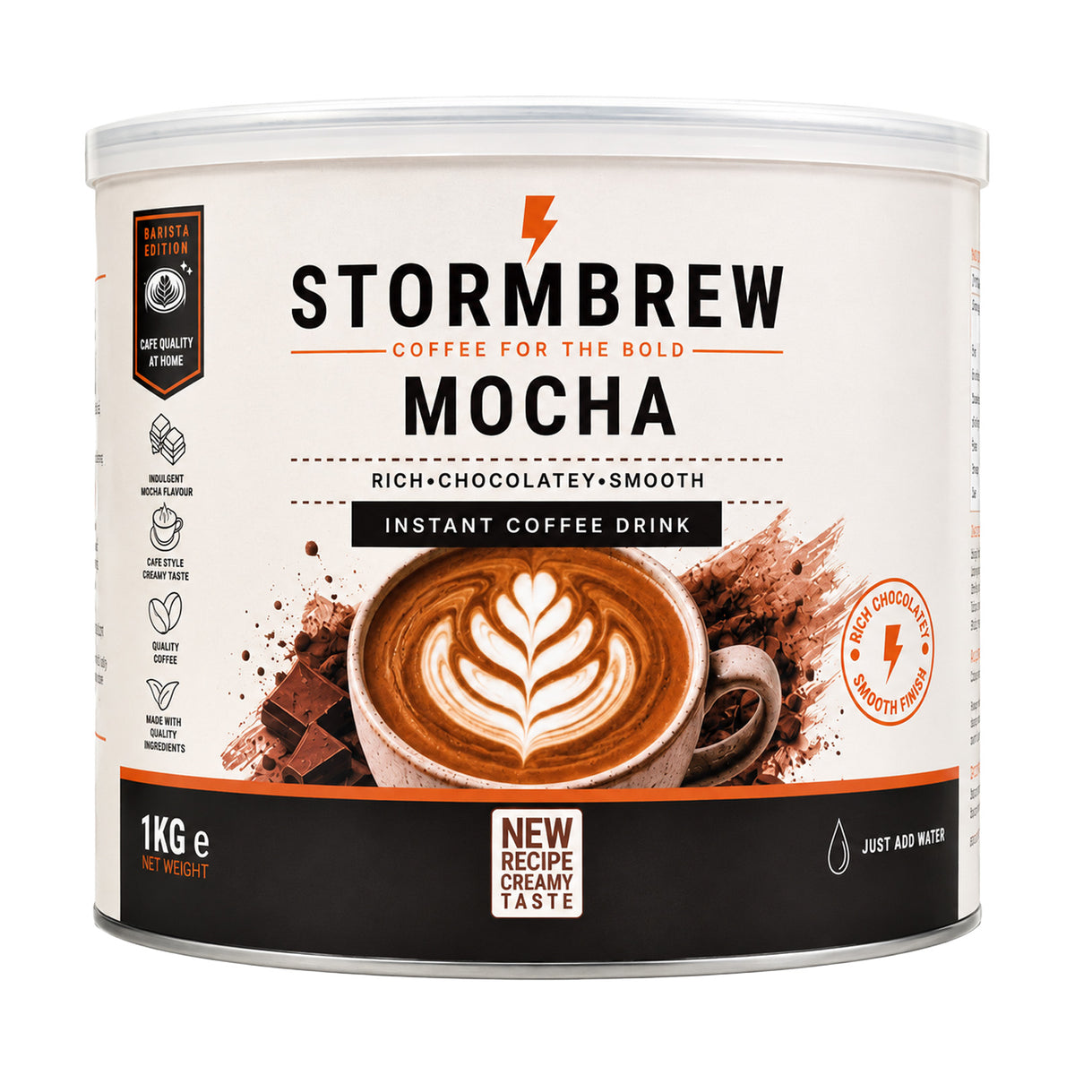A 1kg canister of Stormbrew Mocha instant coffee drink, featuring a white and black label with a graphic of a latte art coffee cup and chocolate pieces.