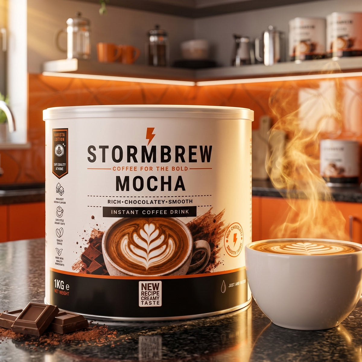 A large canister of Stormbrew Mocha instant coffee drink is shown on a kitchen counter next to a white cup of steaming latte art coffee, with chocolate pieces scattered nearby and a blurred kitchen background.