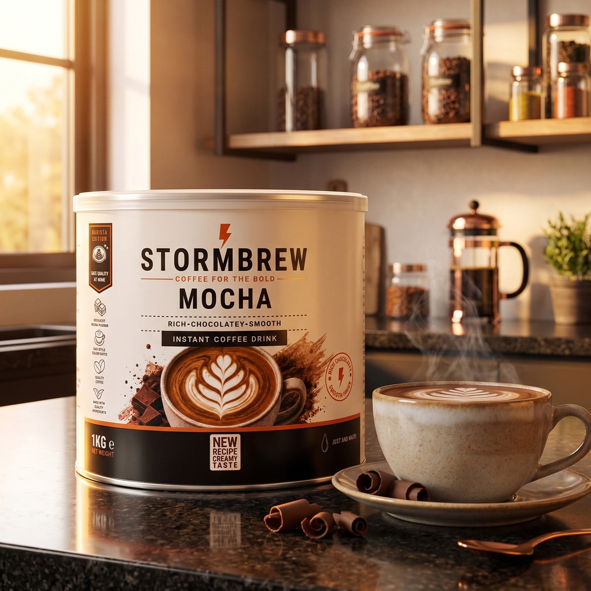 A 1kg tin of Stormbrew Coffee Mocha Instant Coffee Drink sits on a kitchen counter next to a cup of coffee with latte art, with coffee beans and a French press visible in the background.