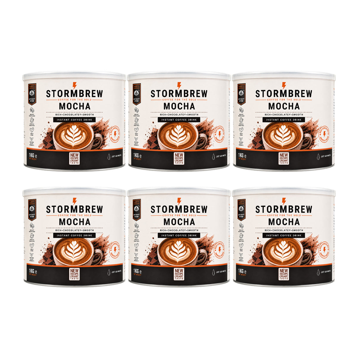 Six cans of Stormbrew Mocha coffee arranged in two rows of three on a plain white background.