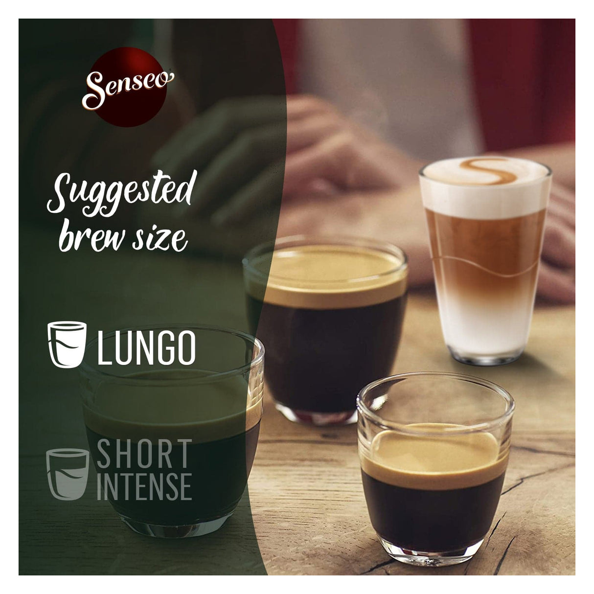 Senseo coffee machine display with different coffee types on a wooden table