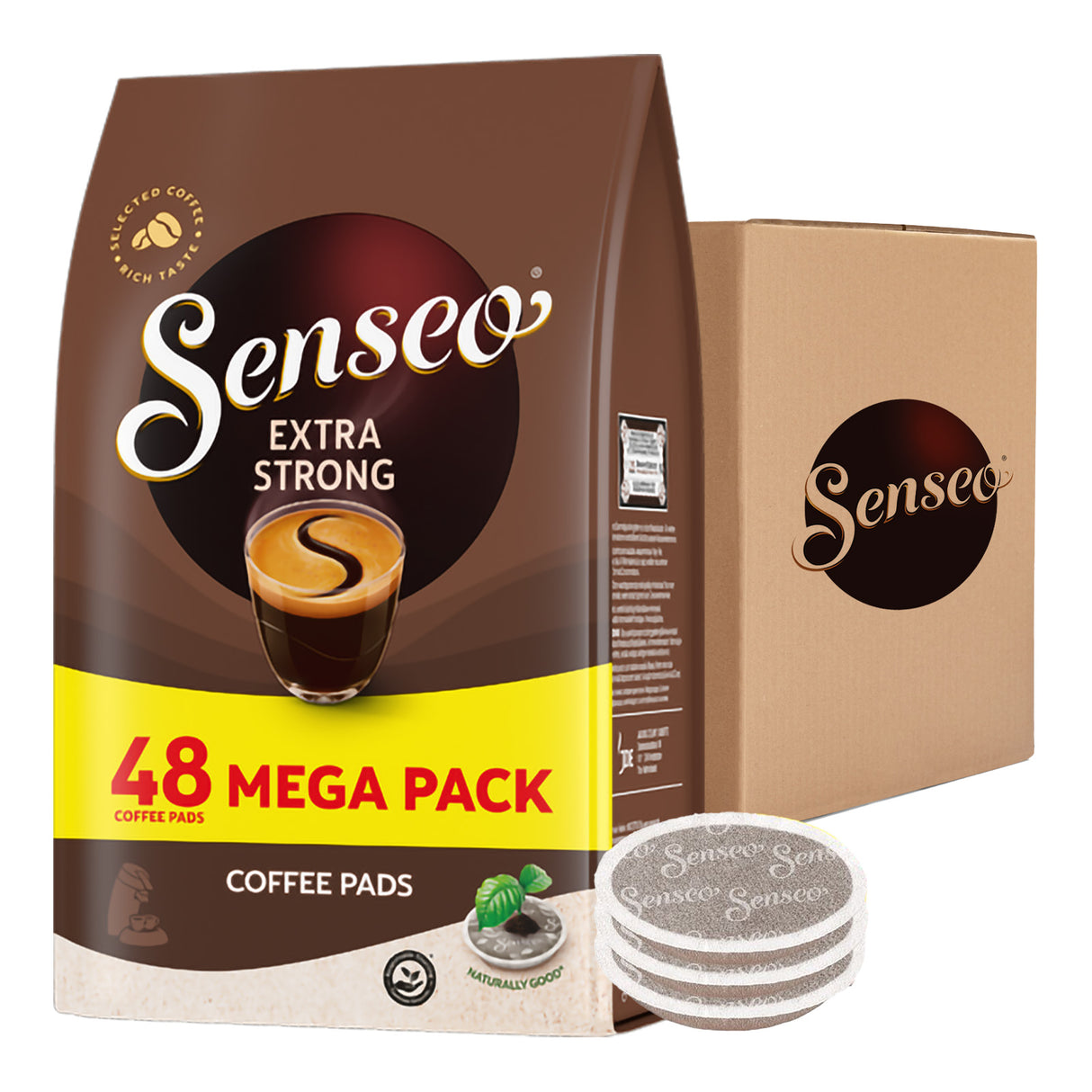 Senseo Extra Strong coffee pads packaging with a box and coffee pads on a white background