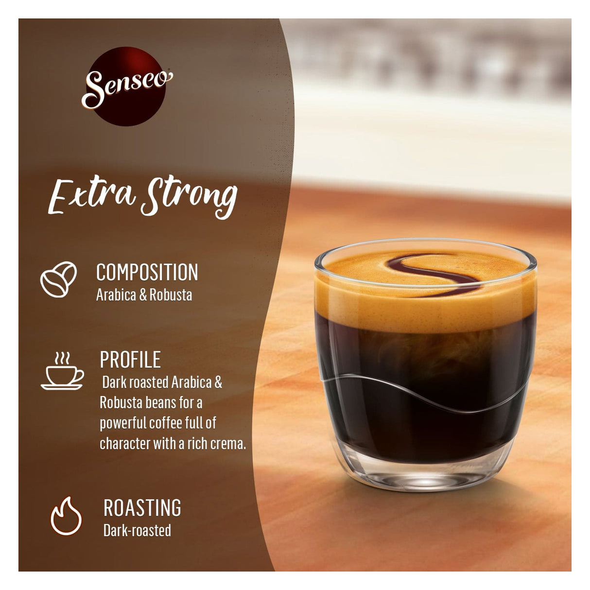Senseo Extra Strong coffee with a glass of espresso on a wooden surface