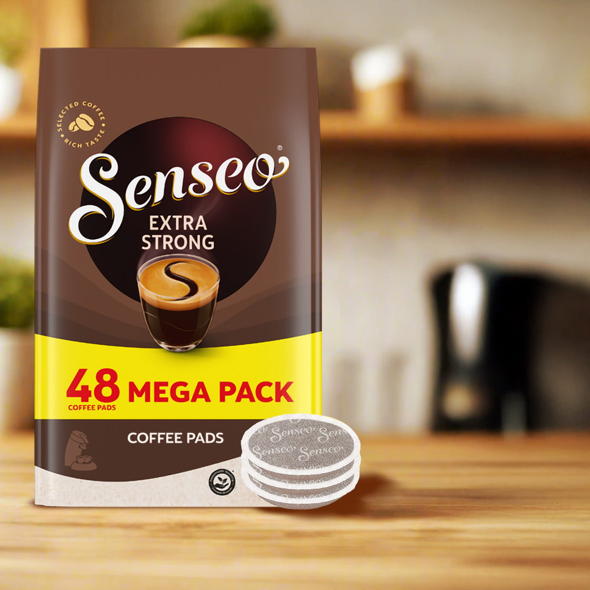 Senseo Extra Strong coffee pads package on a kitchen counter