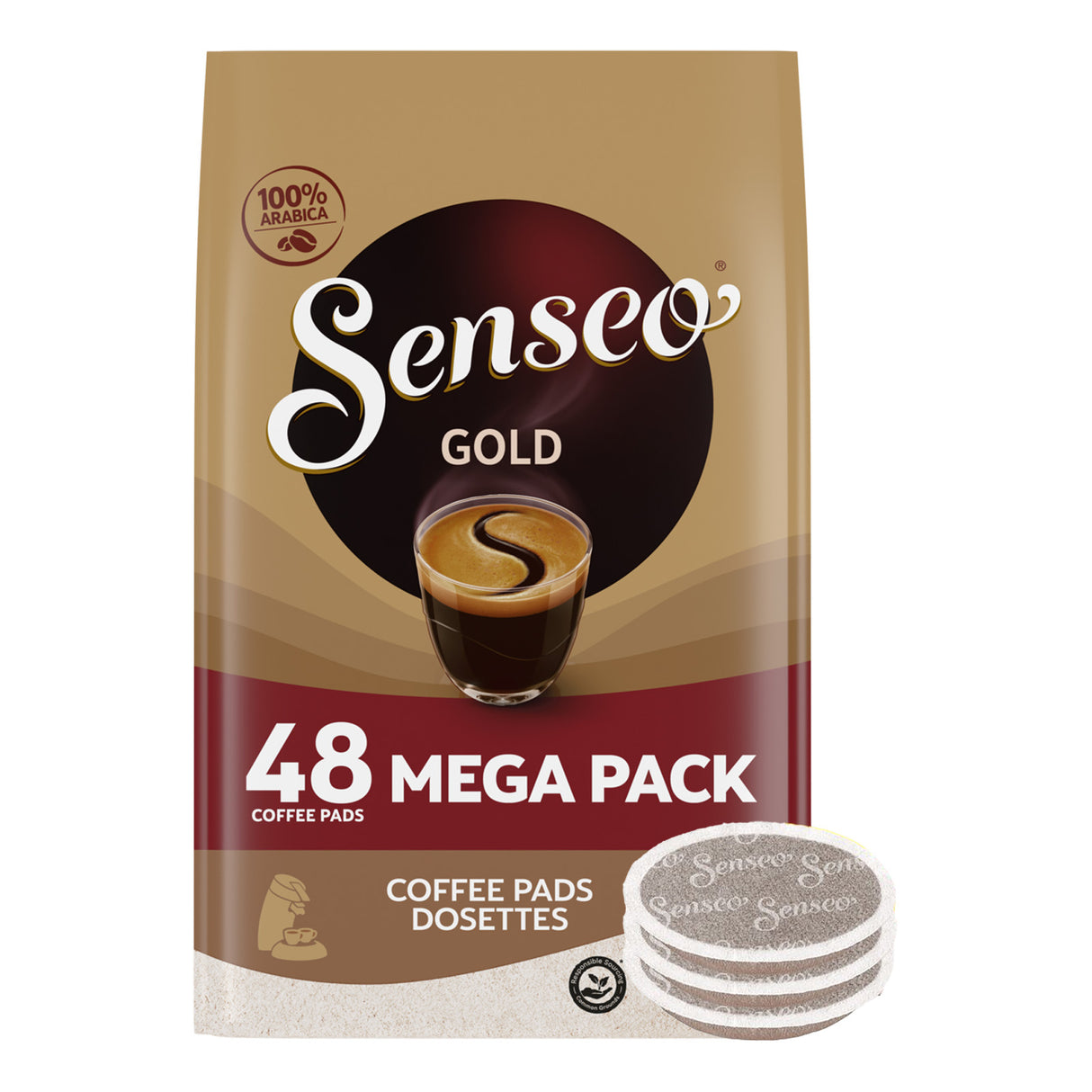 Senseo Gold coffee pads packaging with a stack of pads on a white background