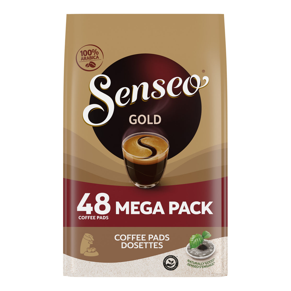 Senseo Gold coffee pads packaging with a cup of coffee on a beige background