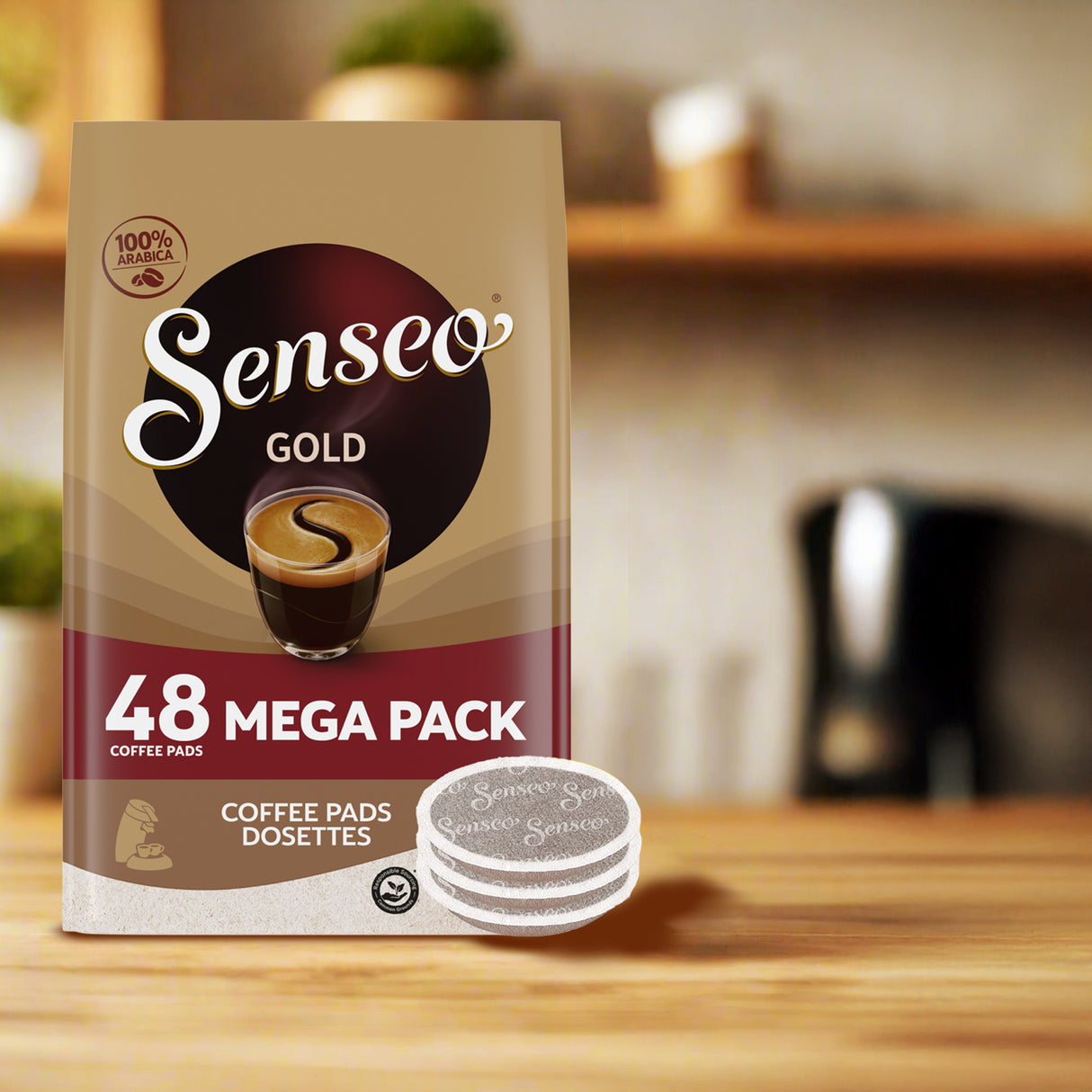 Senseo Gold coffee pads package on a kitchen counter