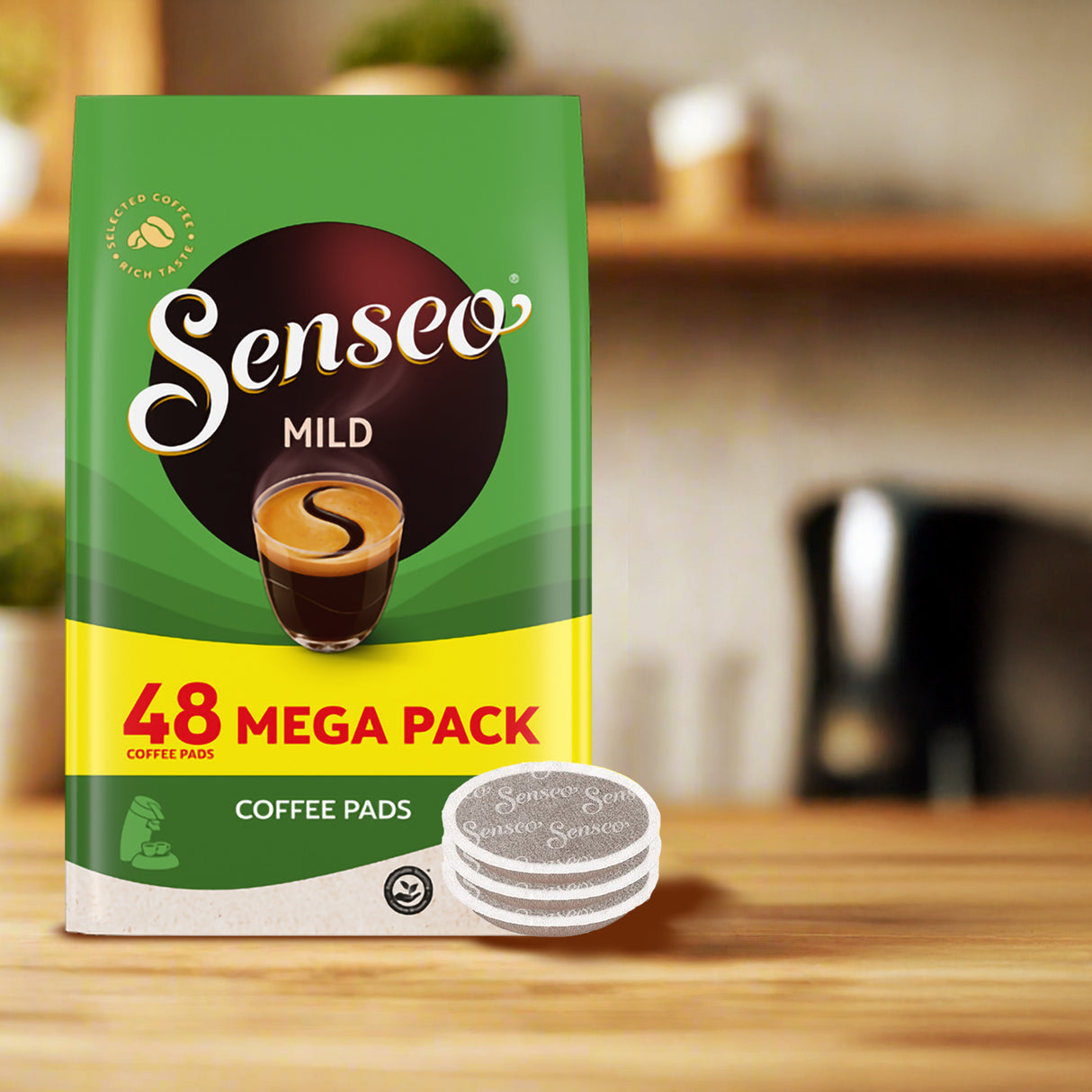 Senseo Mild coffee pads package on a kitchen counter