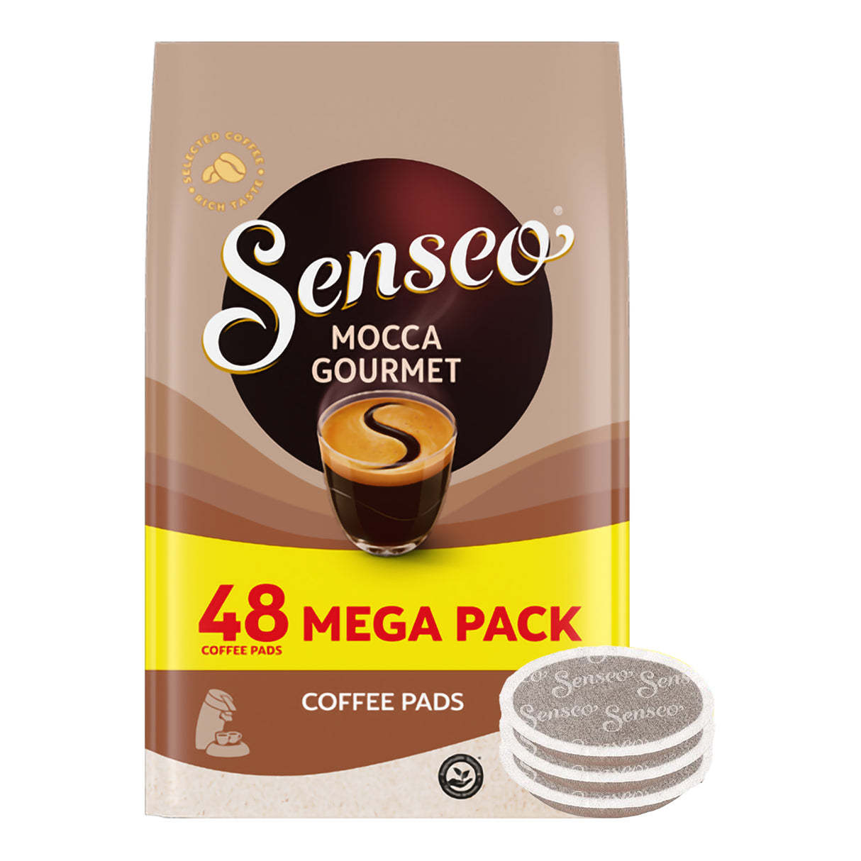 Senseo Mocca Gourmet coffee pads packaging with a stack of pads on a white background