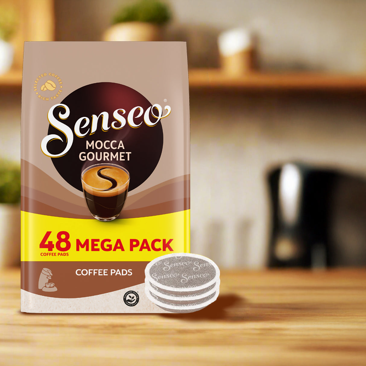 Senseo Mocca Gourmet coffee pads package on a kitchen counter
