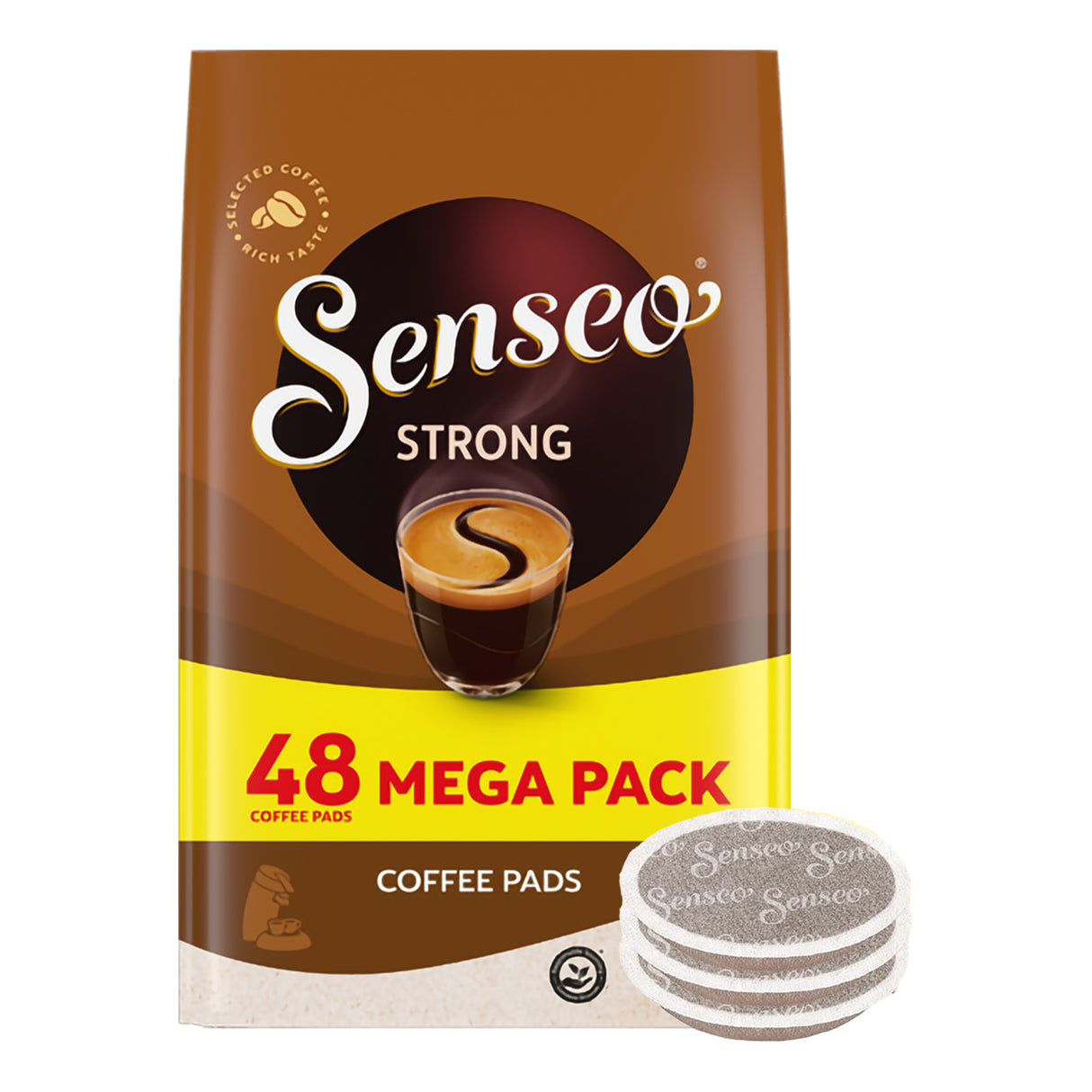 Senseo Strong coffee pads packaging with a stack of pads on a white background