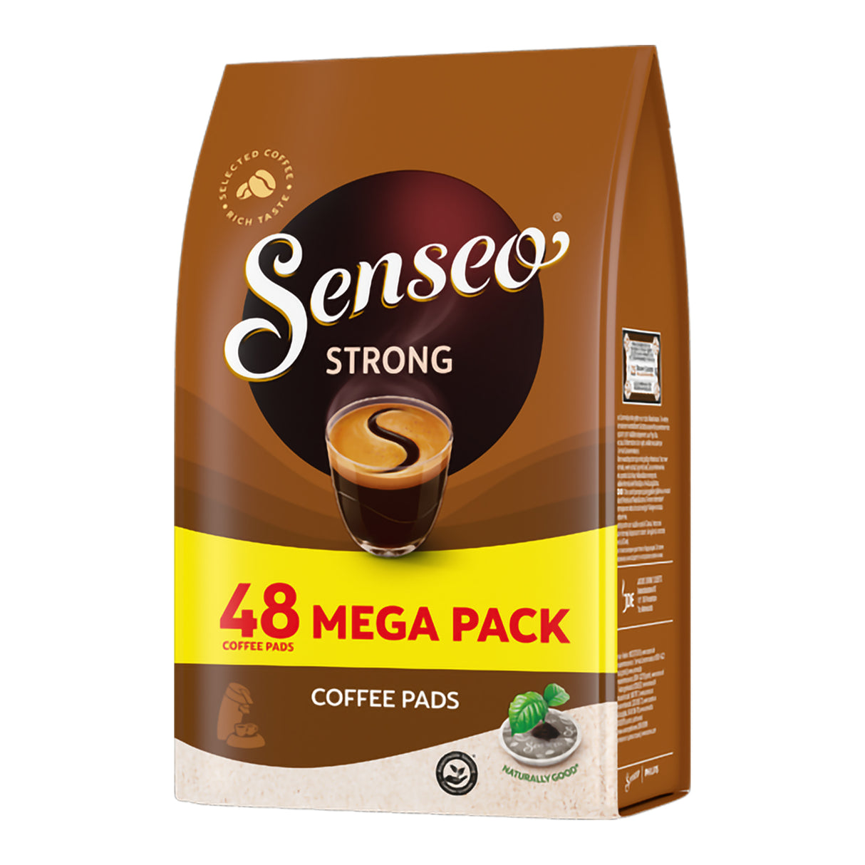 Senseo Strong coffee pads packaging with a brown and yellow design.