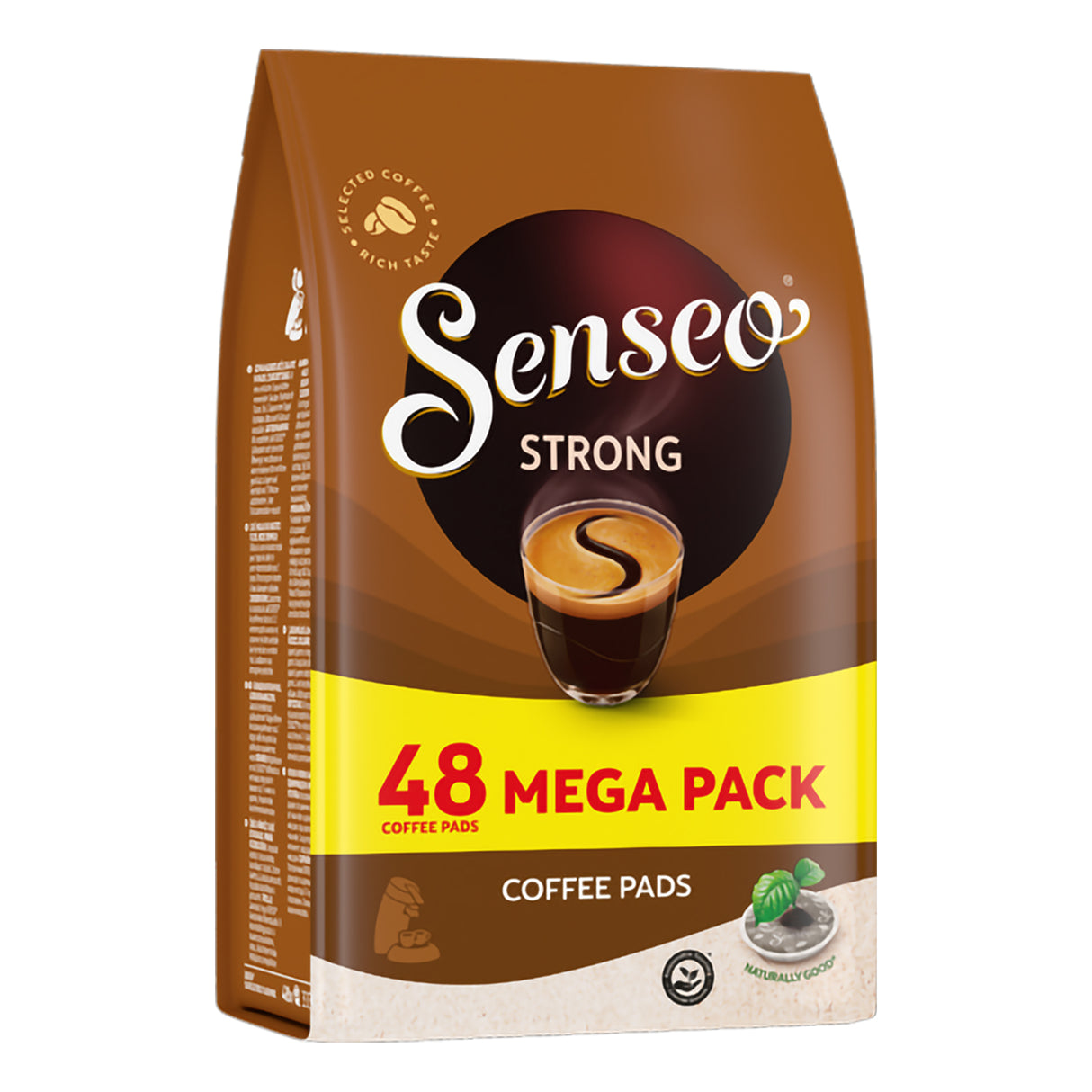 Senseo Strong coffee pads packaging with a brown and yellow design on a white background