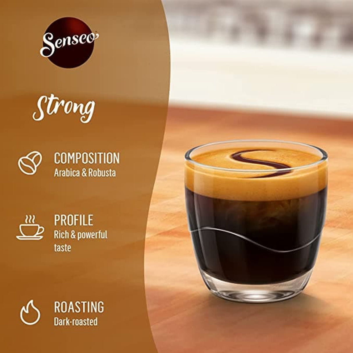Glass of strong coffee with Senseo branding and product features on a wooden surface.