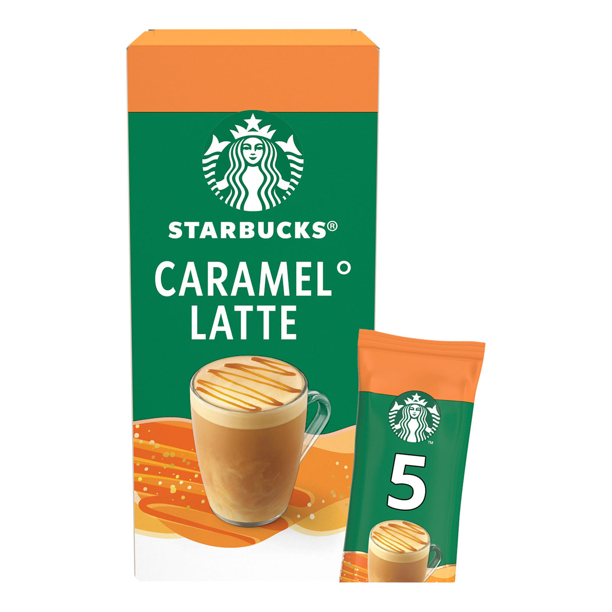 Starbucks Caramel Latte coffee package with a cup illustration on a white background