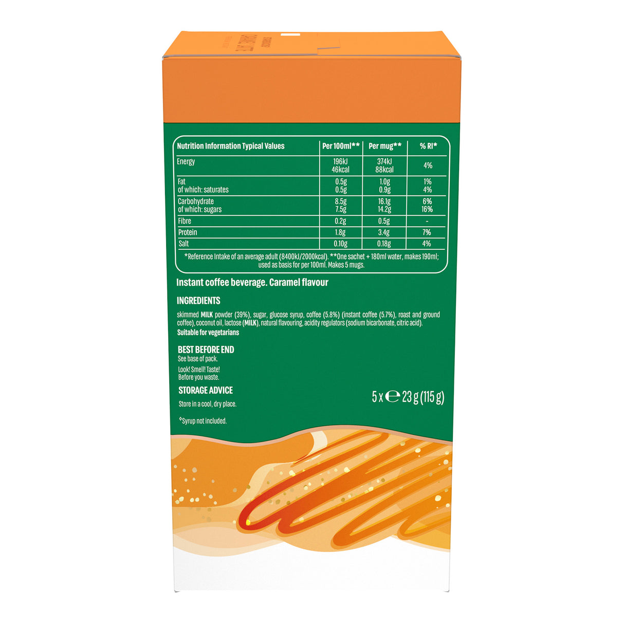 Instant coffee beverage packaging with nutritional information on a white background