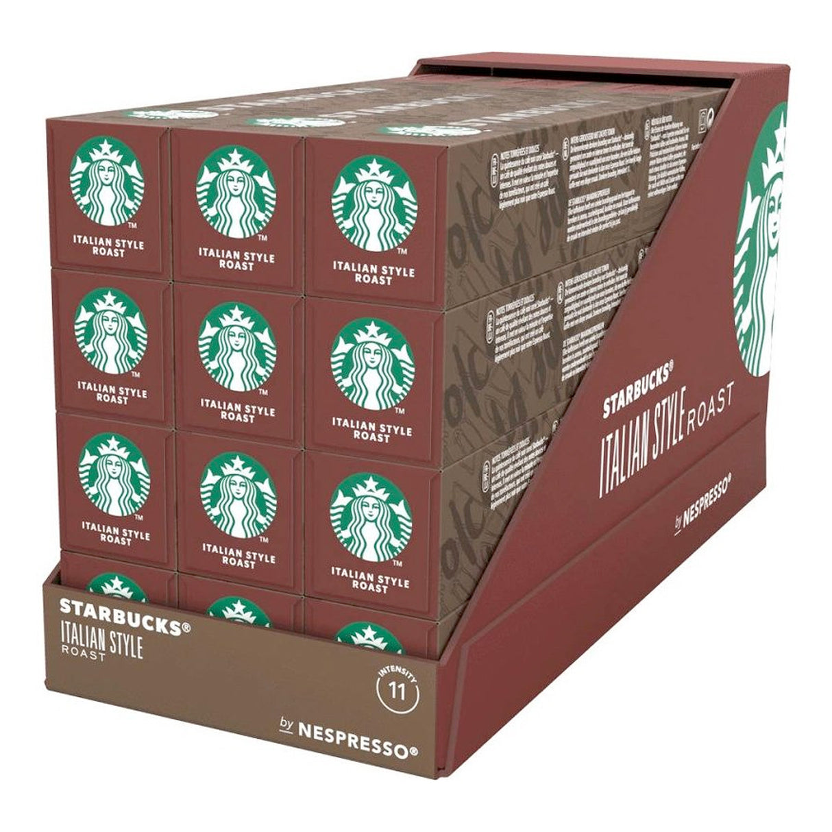 Display box of Starbucks Italian Style Roast Nespresso coffee capsules