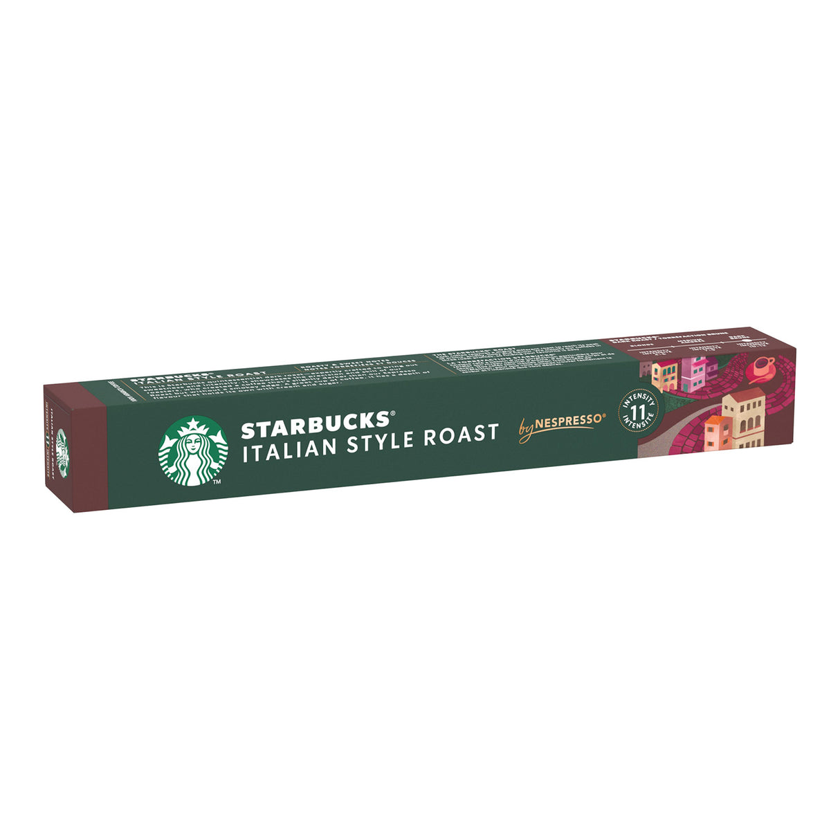 Starbucks Italian Style Roast by Nespresso coffee pod packaging on a white background