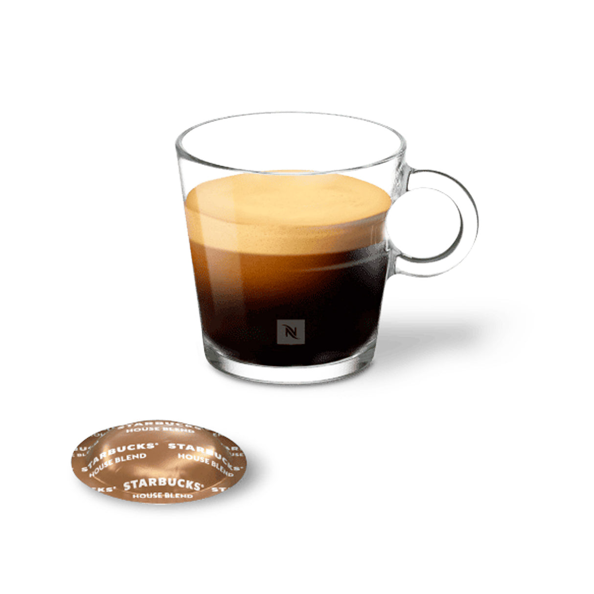 Clear glass mug with a layered espresso and milk drink, accompanied by two Starbucks coffee pods on a white background.