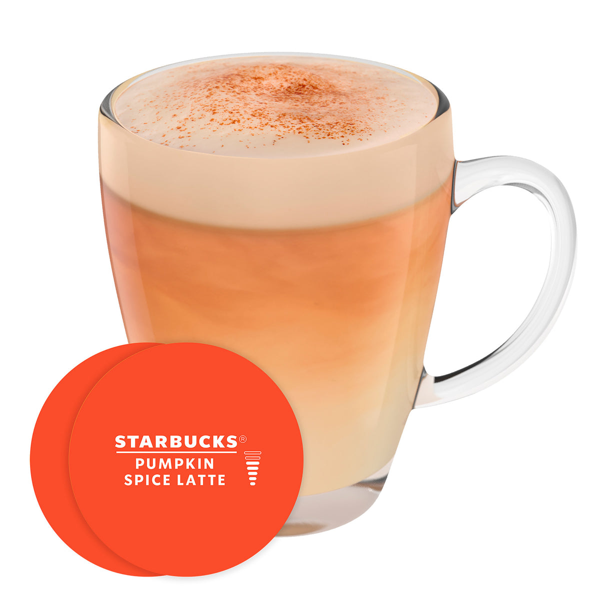 Clear mug of Pumpkin Spice Latte with a red coaster featuring Starbucks logo on a white background