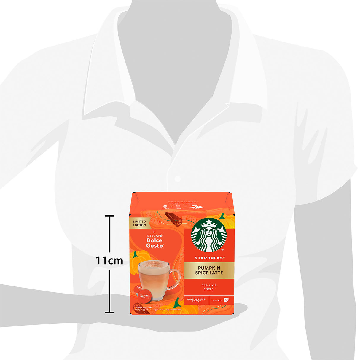 Starbucks Pumpkin Spice Latte coffee package shown next to a mannequin bust for scale.