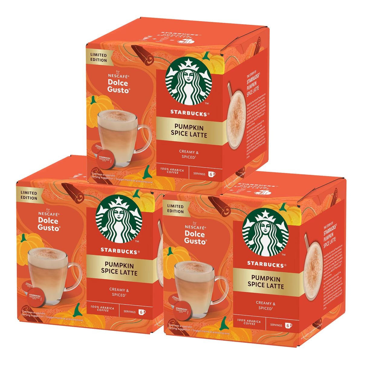 Three boxes of Starbucks Pumpkin Spice Latte Dolce Gusto coffee pods on a white background