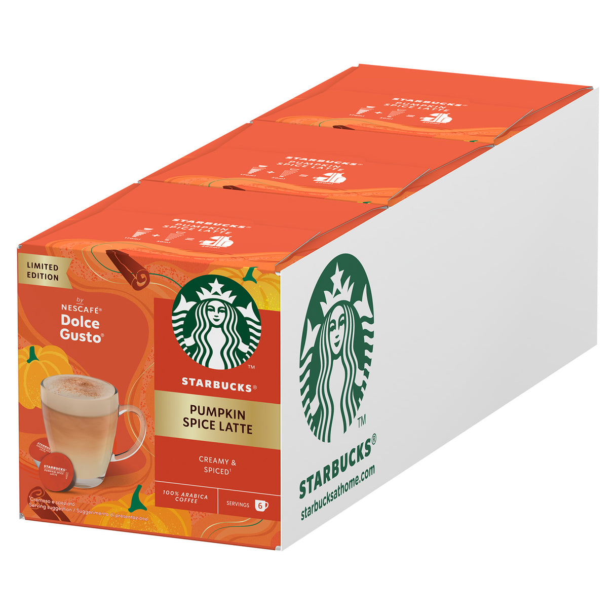 Box of Starbucks Pumpkin Spice Latte coffee pods with orange and white design.