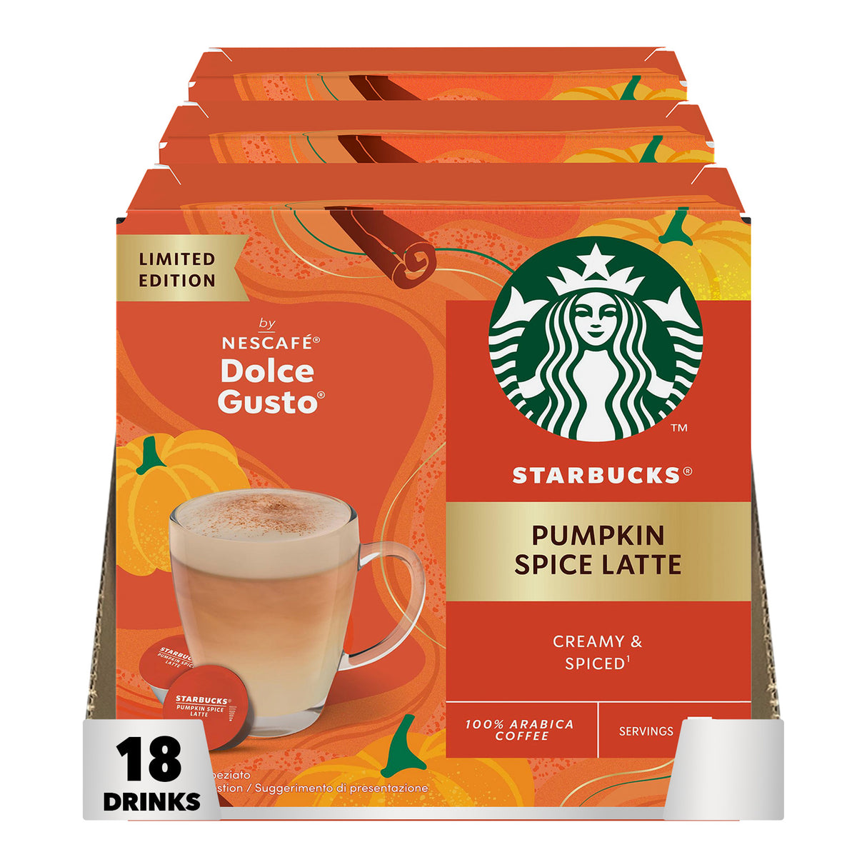 Starbucks Pumpkin Spice Latte coffee pods packaging with Nescafe Dolce Gusto branding.