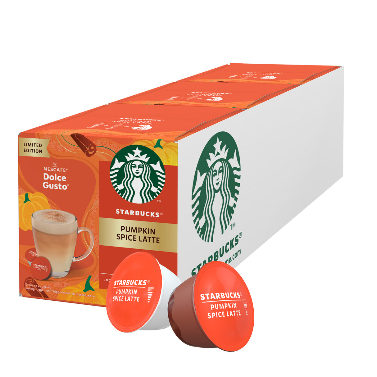 Starbucks Pumpkin Spice Latte coffee pods and packaging on a white background