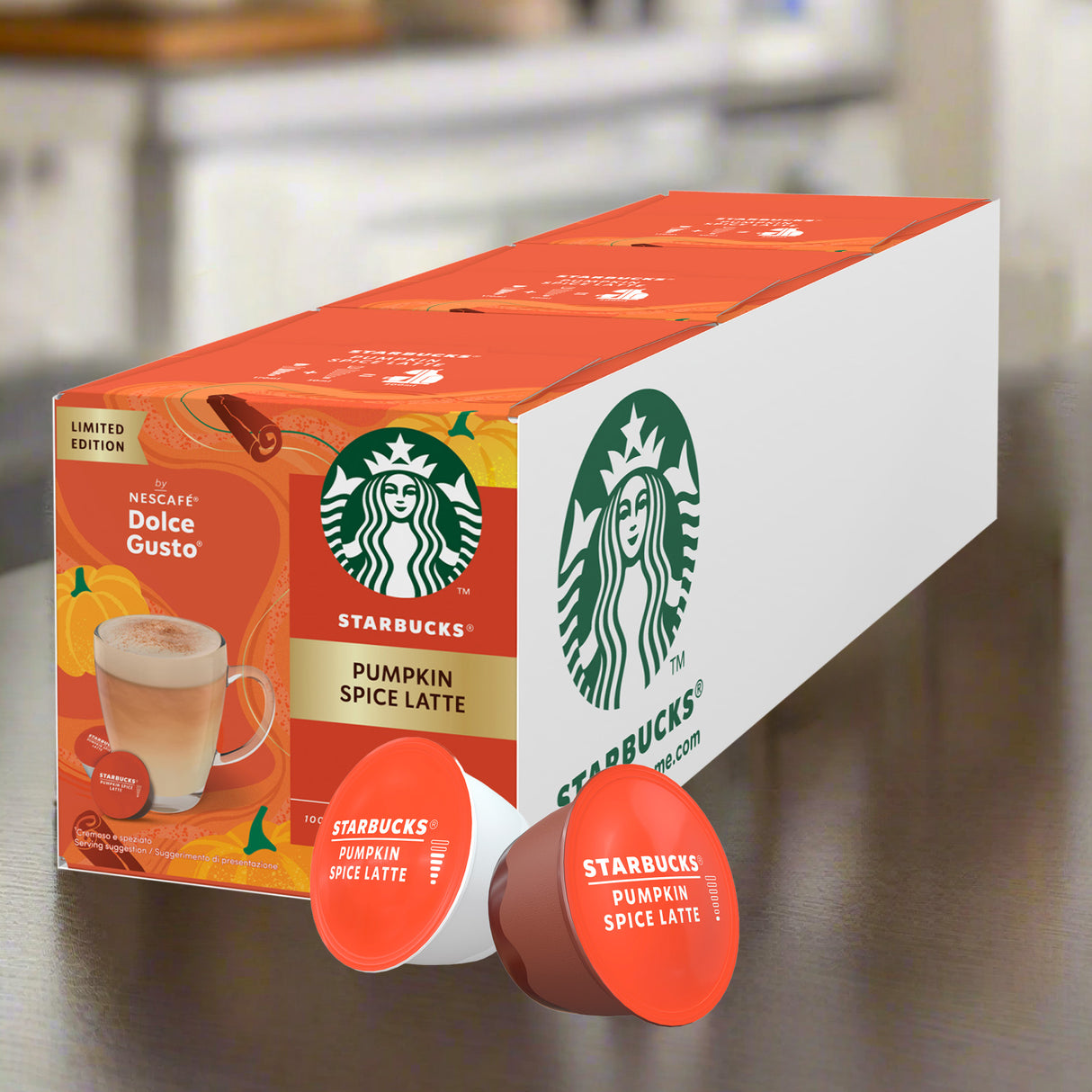 Starbucks Pumpkin Spice Latte coffee pods with packaging on a metallic surface