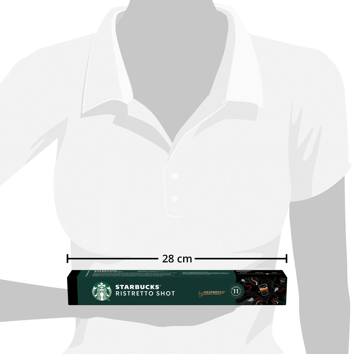 Starbucks Bistretto Shot packaging shown on a mannequin bust for scale.