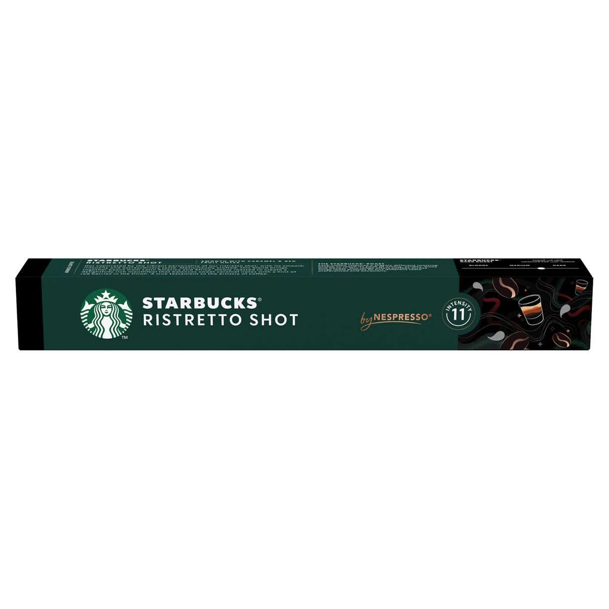 Box of Starbucks Ristretto Shot Nespresso capsules on a white background