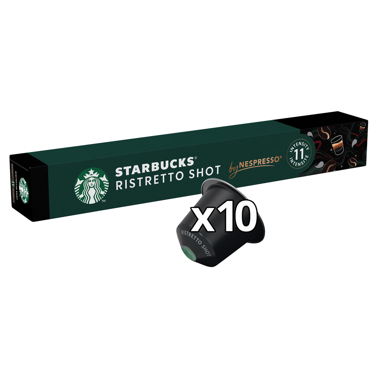 Box of Starbucks Ristretto Shot coffee capsules by Nespresso with a single capsule displayed in front.