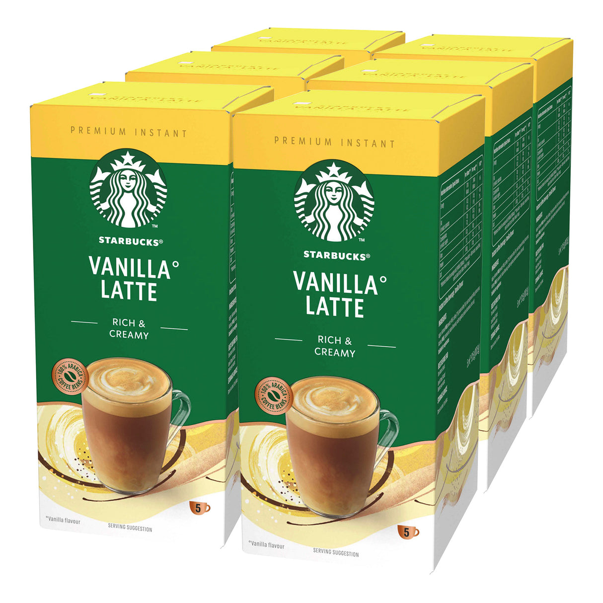 Multiple boxes of Starbucks Vanilla Latte on a white background