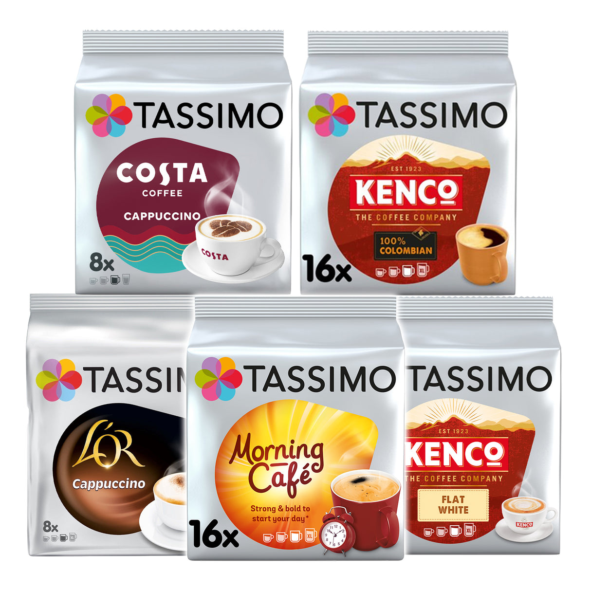 Collection of Tassimo coffee packs with various brands and flavors on a white background