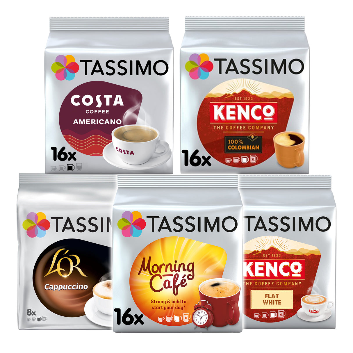 Collection of Tassimo coffee pods with various brands and flavors on a white background