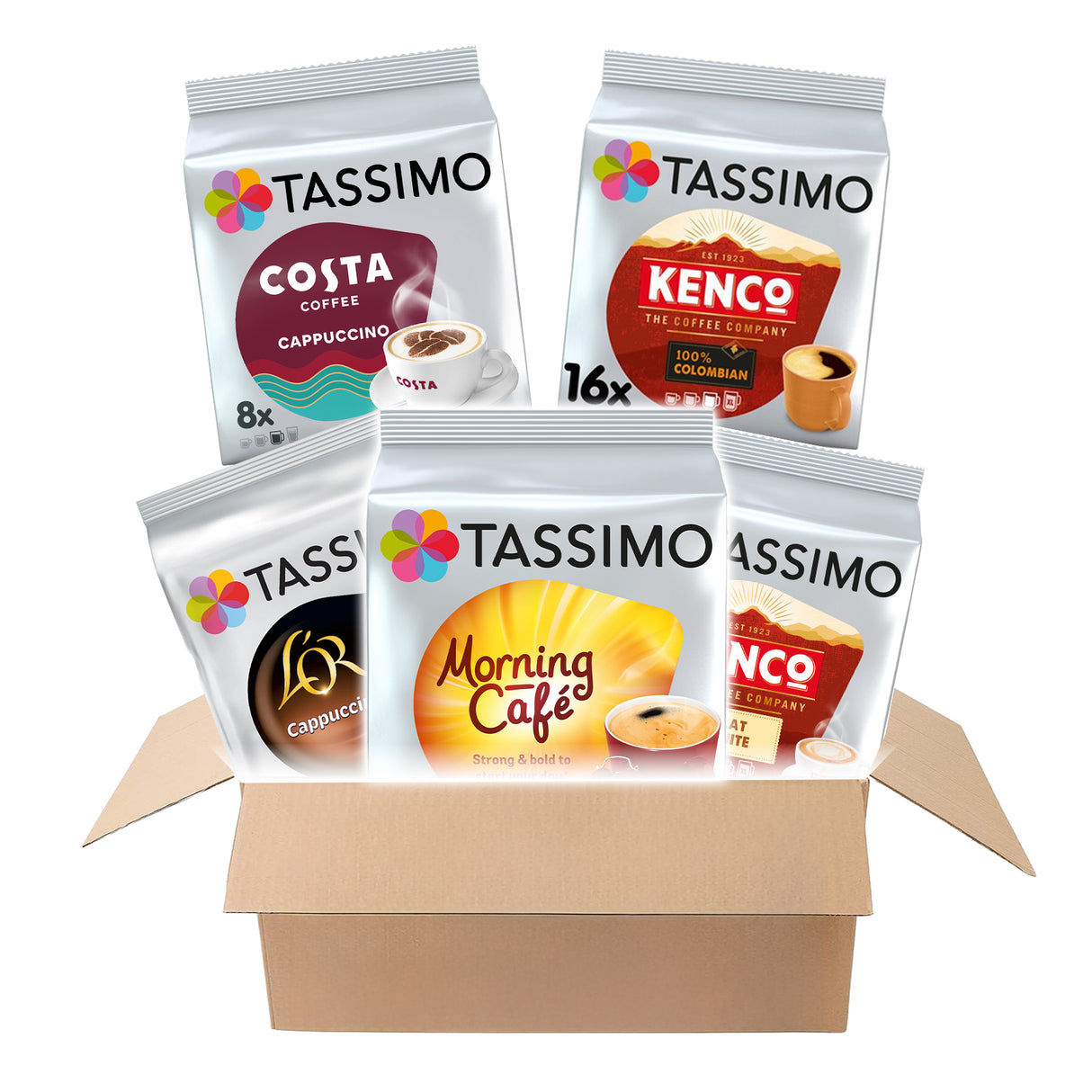 Box of Tassimo coffee pods with various brands including Costa, Kenco, and L'Orèal.