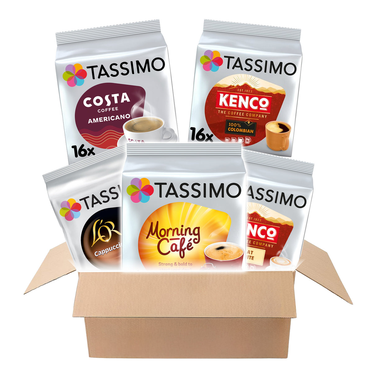 Box of Tassimo coffee pods featuring Costa, Kenco, and Morning Cafe brands.