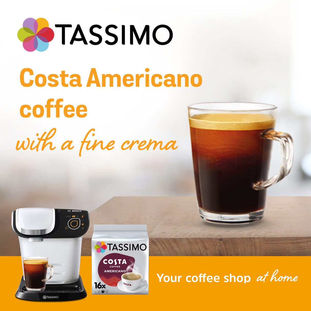 TASSIMO Costa Americano coffee machine, pod, and glass of coffee with a white background